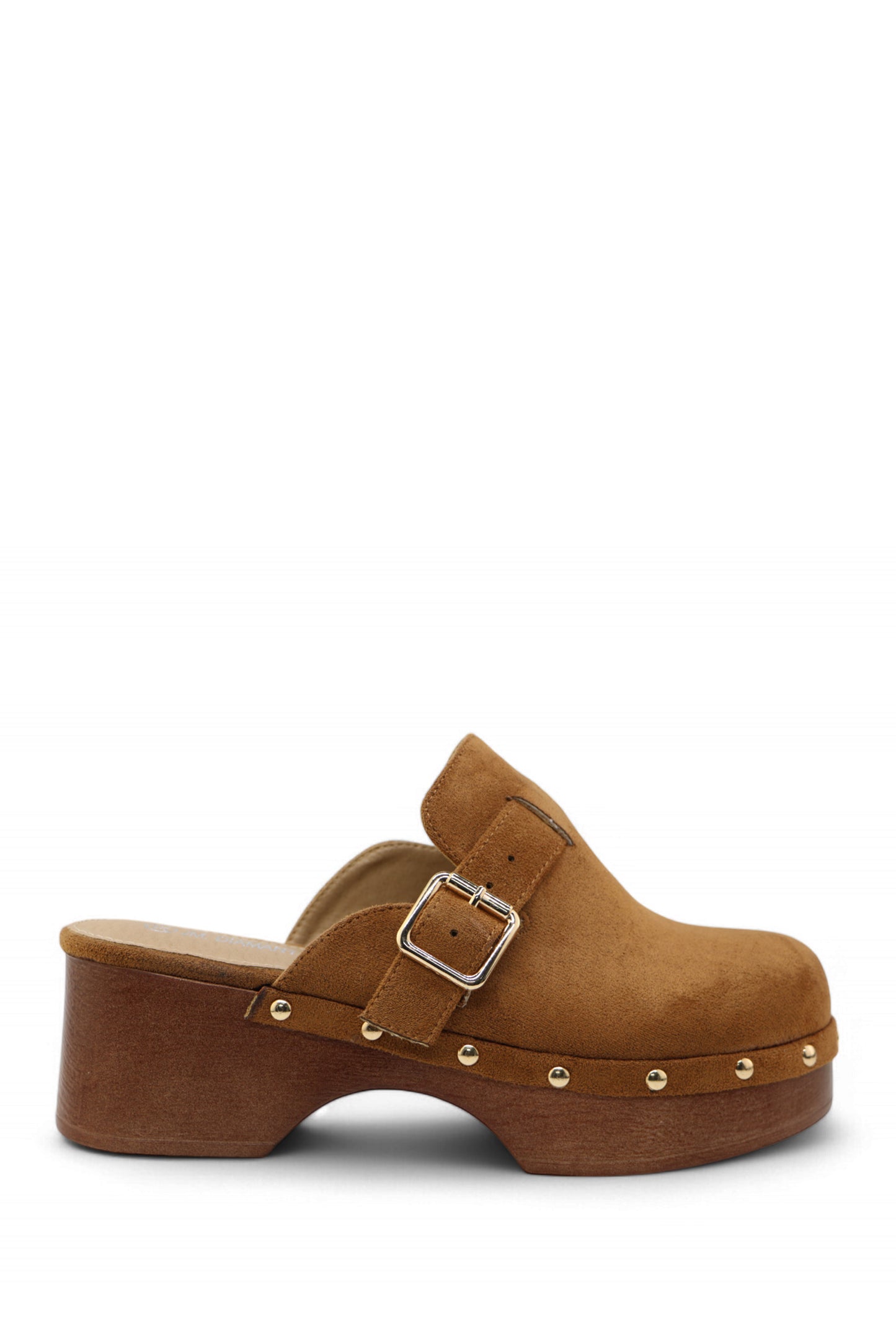 Sabots Suédine Camel à Plateforme Effet Bois Cloutée avec Boucle Métal
