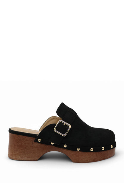 Sabots Suédine Camel à Plateforme Effet Bois Cloutée avec Boucle Métal