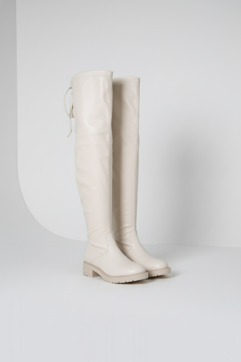 Cuissardes Beige en Cuir Végane, Lacées, Ajustable- Petit Talon Bas Confort