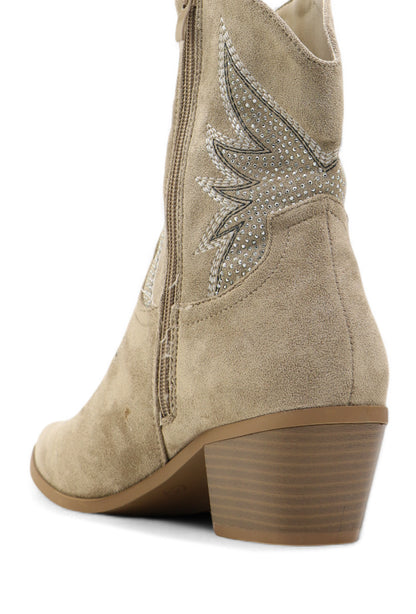 Bottines Santiag Style Western Cowboy Taupe à Strass, Talon Bas - Sélection Halloween