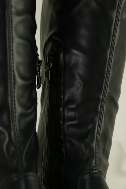 Cuissardes Beige en Cuir Végane, Lacées, Ajustable- Petit Talon Bas Confort