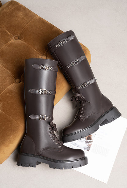 Bottes Noire Montantes Militaire à Brides – Cuir Vegan, Style Combat & Boucles Métalliques