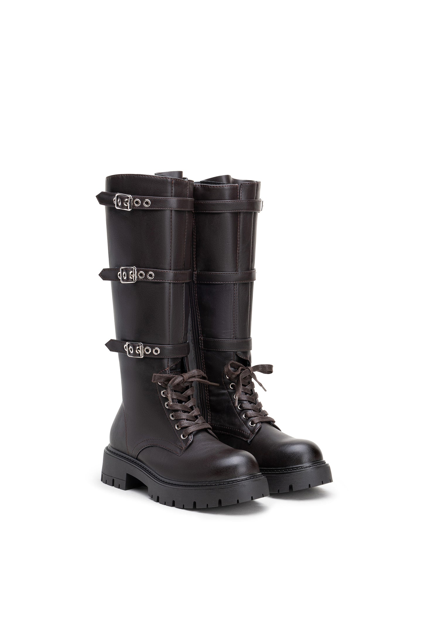 Bottes Noire Montantes Militaire à Brides – Cuir Vegan, Style Combat & Boucles Métalliques