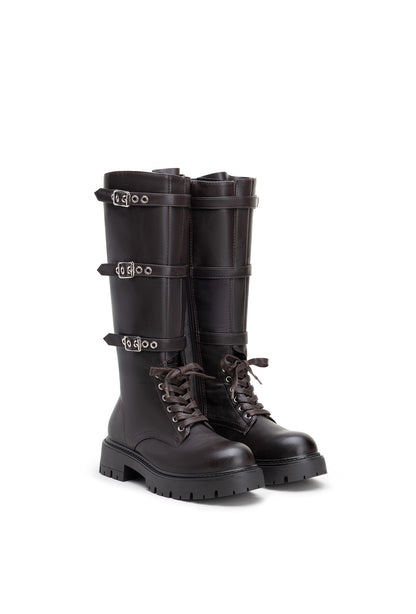Bottes Noire Montantes Militaire à Brides – Cuir Vegan, Style Combat & Boucles Métalliques