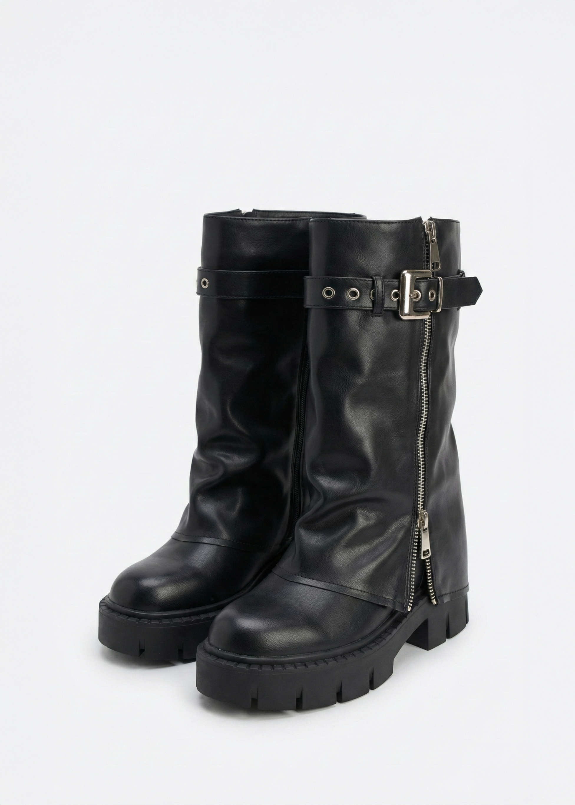 Bottines mi-mollet à zip et boucles